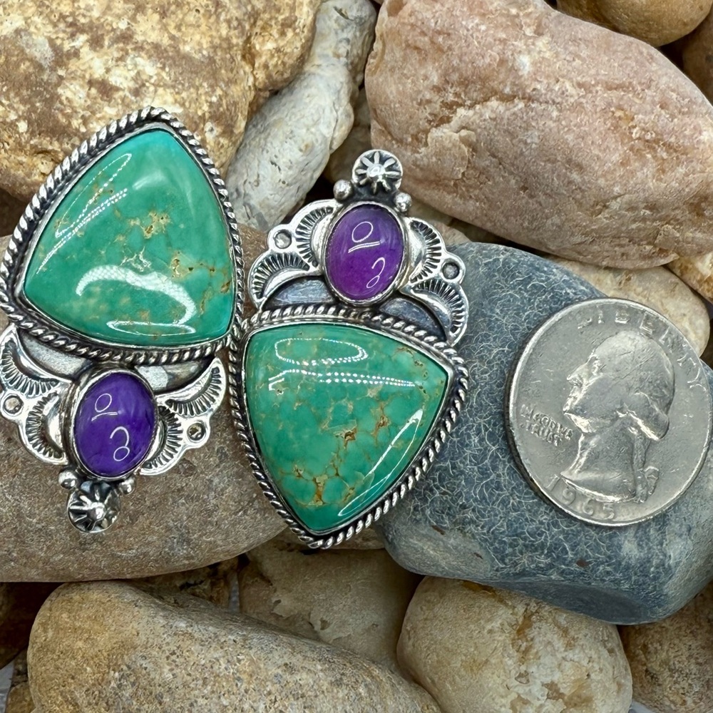 Native American Sterling Silver Turquoise & Amethyst Earrings “Revé” – 22.64g - Picture 15 of 17